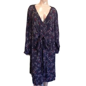 Michel Studio Vneck Gathered Tie Front Floral Dress Long Sleeve Viscose